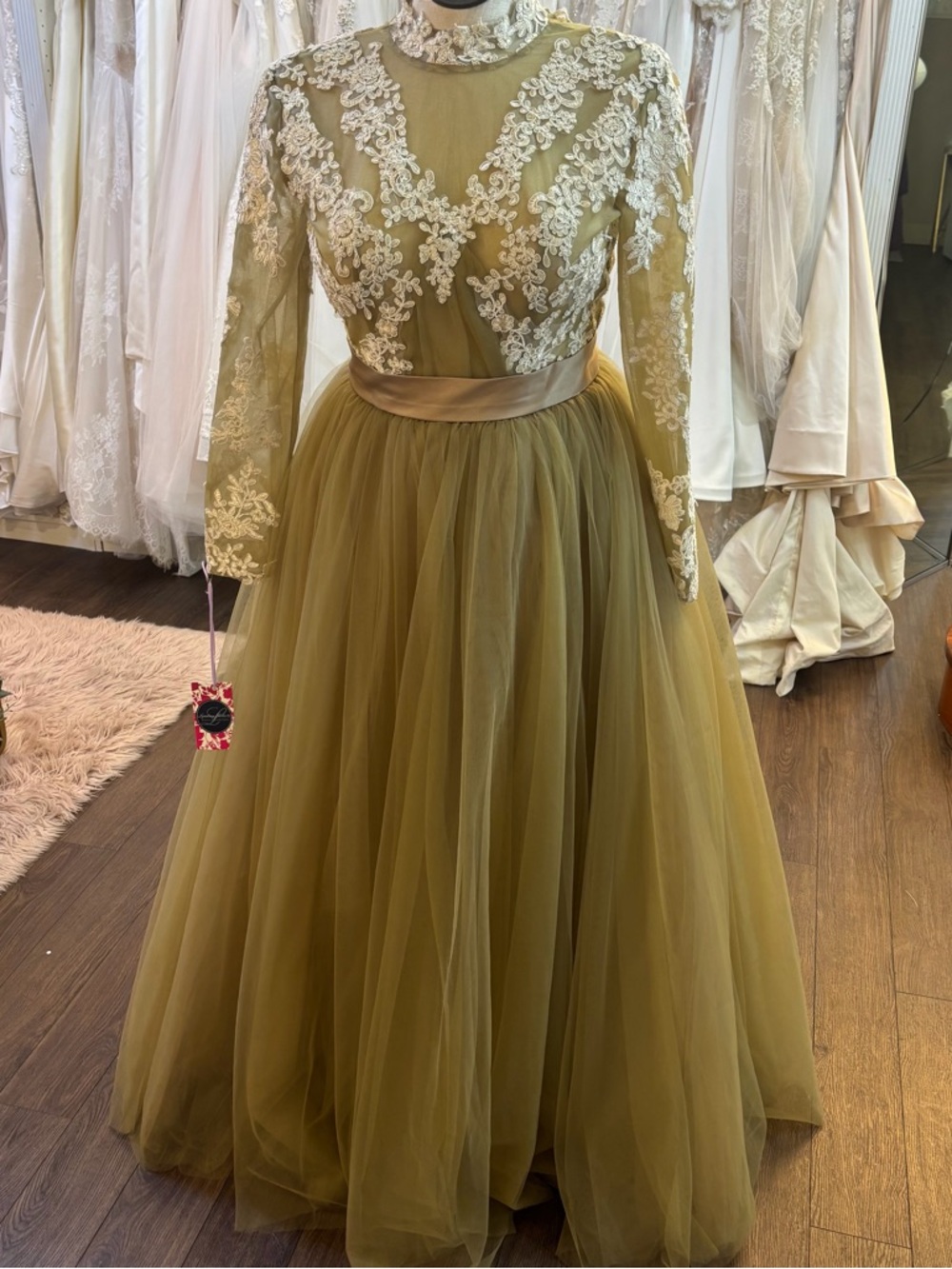 Girls Olive Green Tulle Dress with Lace Bodice